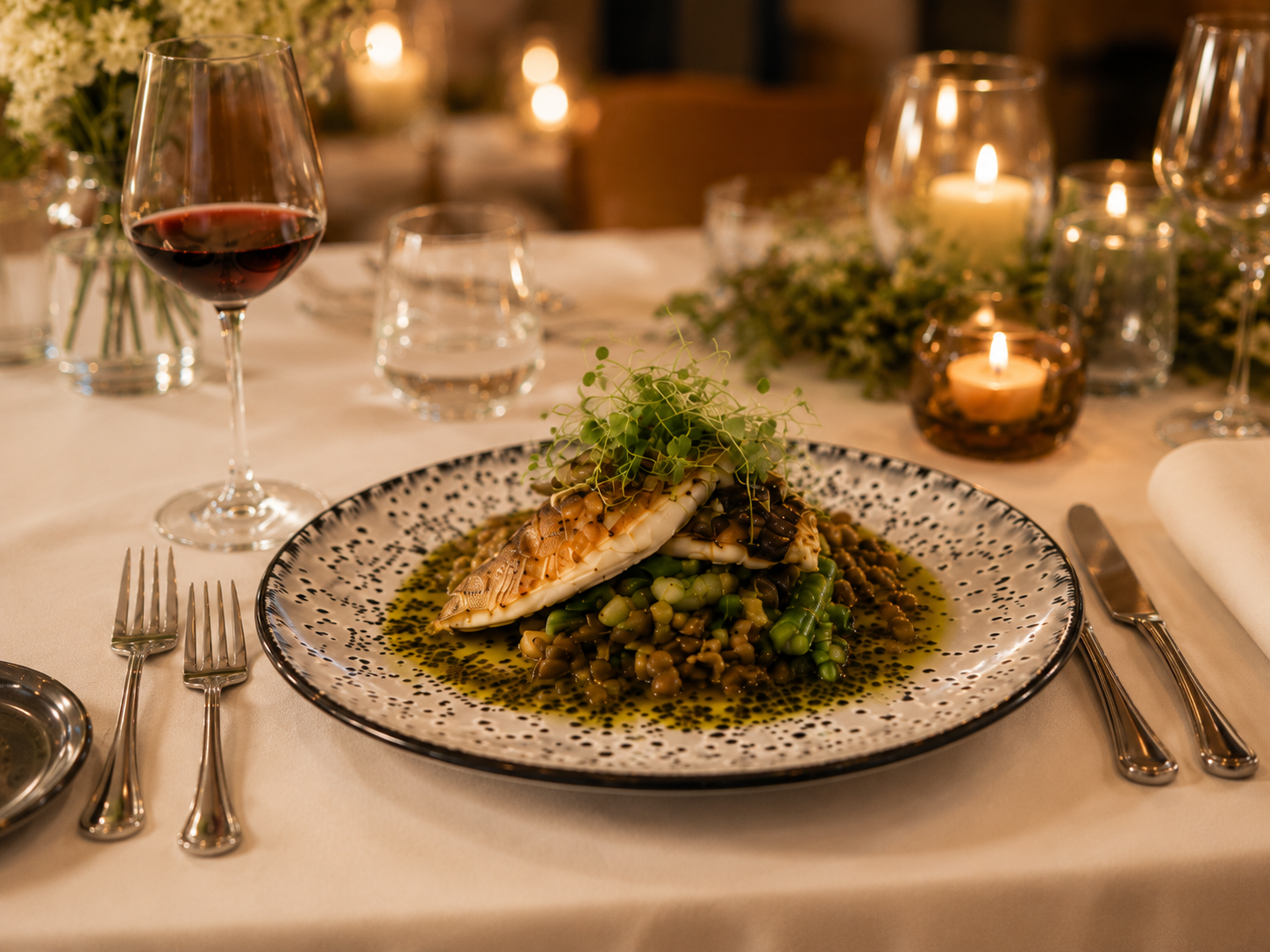Verfijnd bord met wijn en kaarslicht